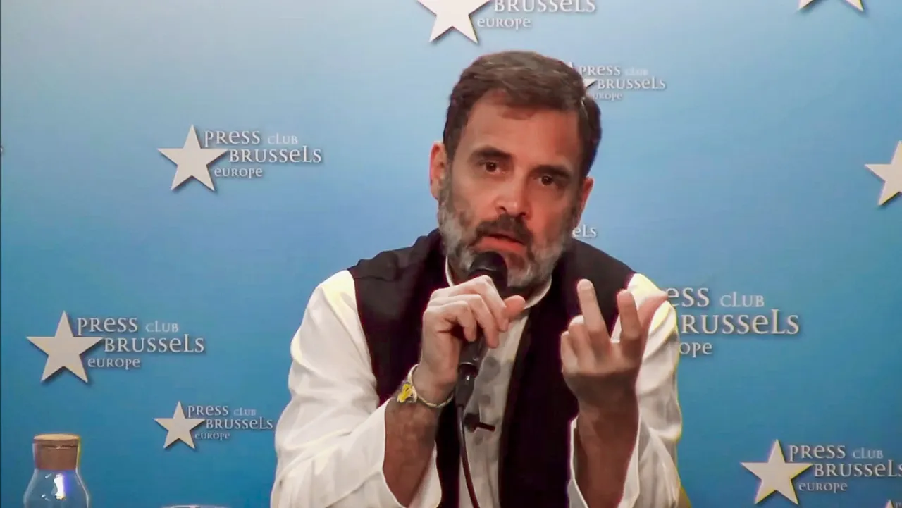 Congress leader Rahul Gandhi speaks during a media interaction at the Brussels Press Club, Belgium