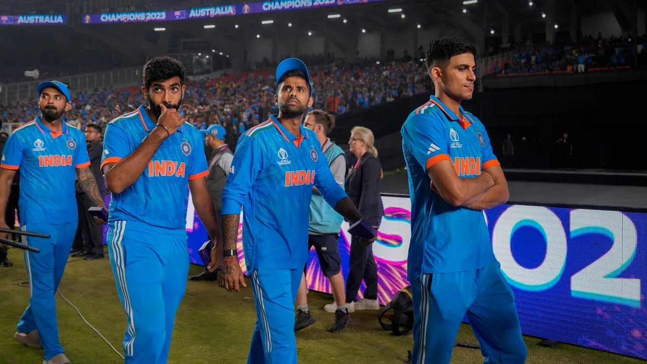 India's players Shubman Gill, Suryakumar Yadav, Jasprit Bumrah and KL Rahul during the presentation ceremony of the ICC Men’s Cricket World Cup 2023