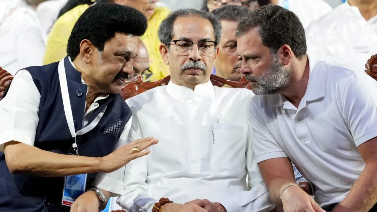 Congress leader Rahul Gandhi, Tamil Nadu CM M K Stalin and Shiv Sena Uddhav Thackeray at the culmination of Bharat Jodo Nyay Yatra