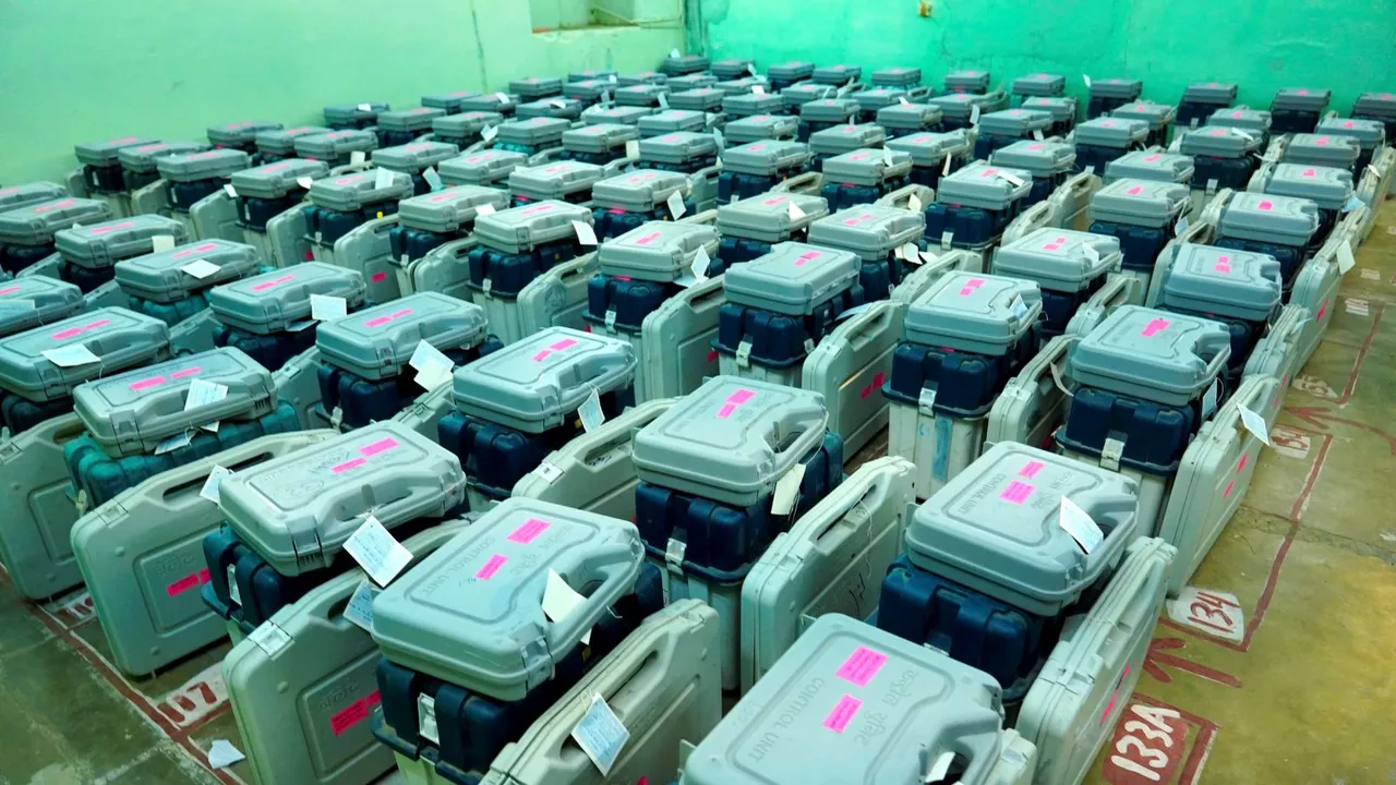 Electronic Voting Machines (EVMs) and other material at a distribution centre on the eve of the second phase of General Elections, in Ajmer, Thursday, April 25, 2024