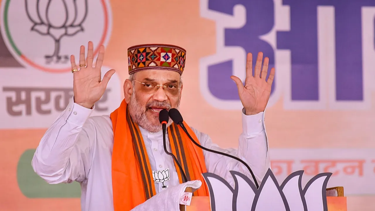 Union Home Minsiter and senior BJP leader Amit Shah addresses a public rally for Lok Sabha polls, in Dharamshala, Saturday, May 25, 2024