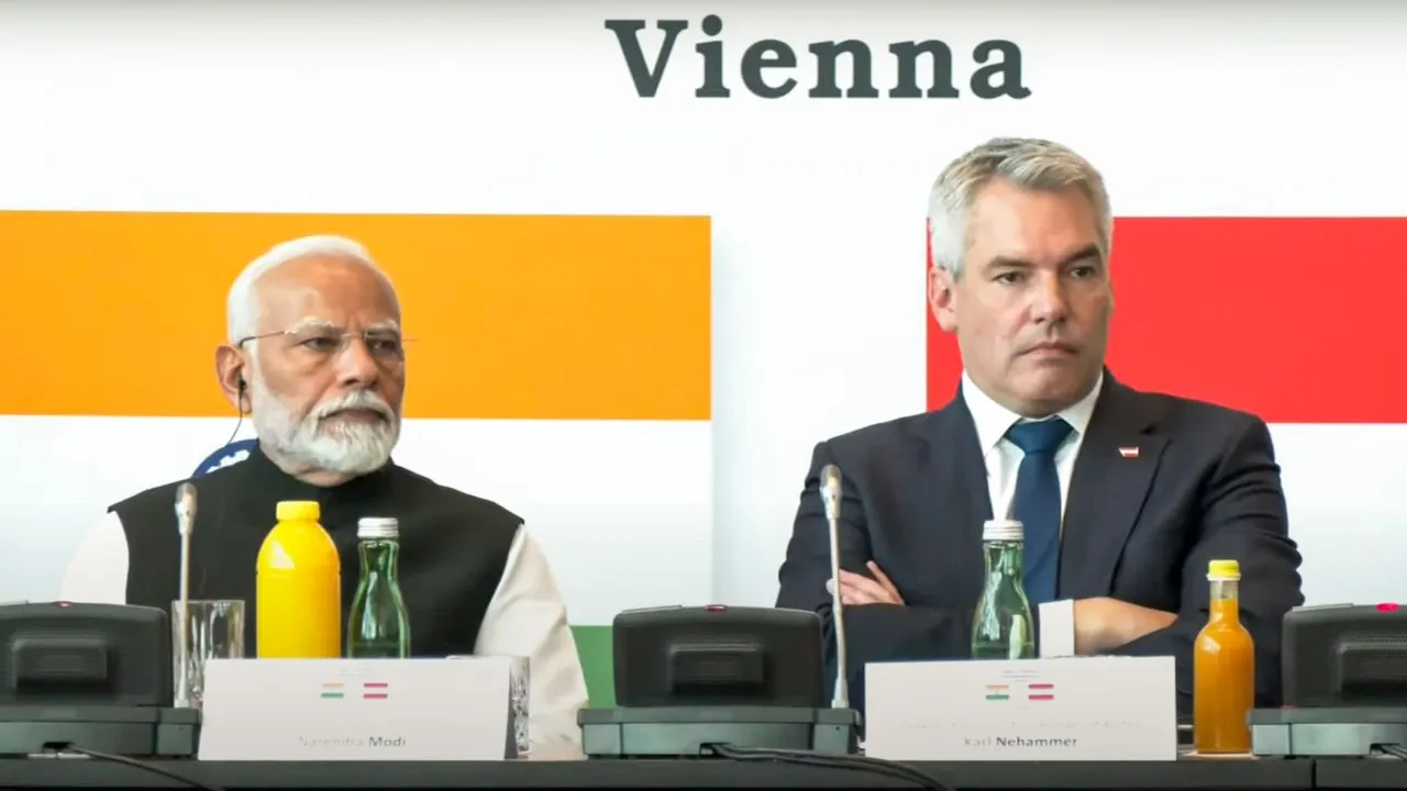 Prime Minister Narendra Modi with Austrian Chancellor Karl Nehammer during the India-Austria Business meeting, in Vienna, Austria, Wednesday, July 10, 2024.