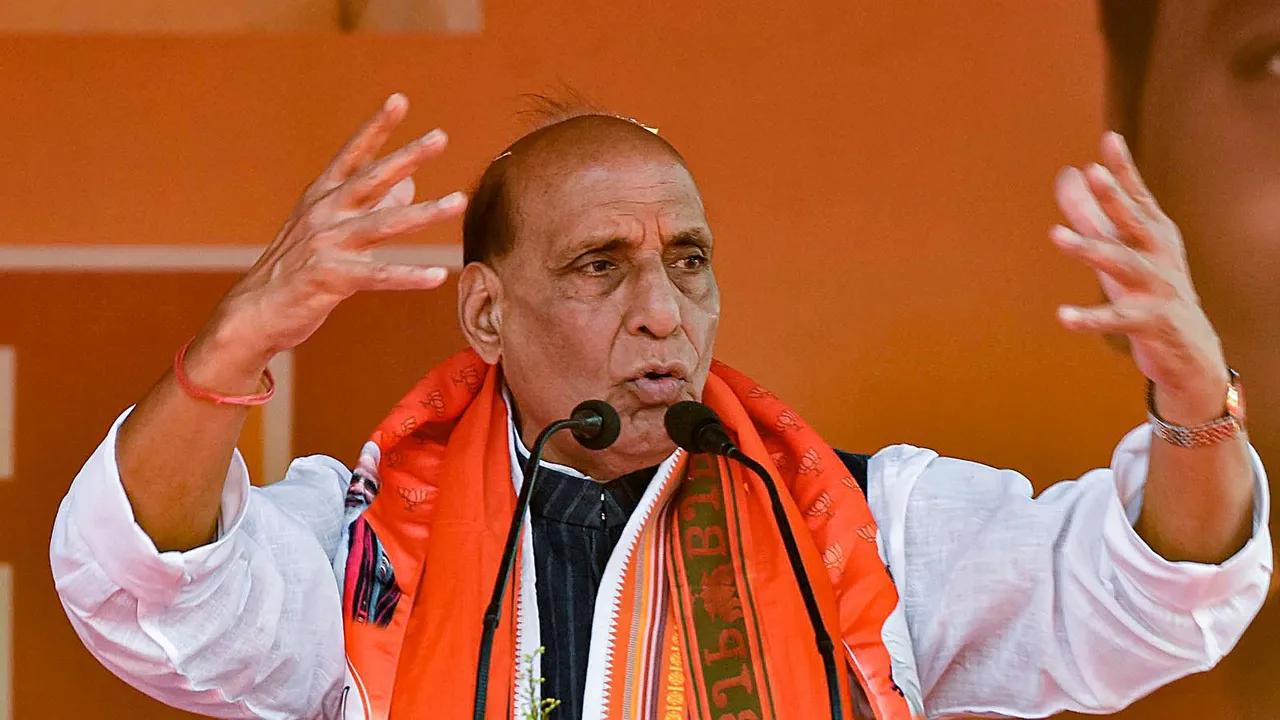 Union Defence Minister Rajnath Singh addresses a public meeting for Lok Sabha elections, in Khunti, Jharkhand, Tuesday, April 23, 2024