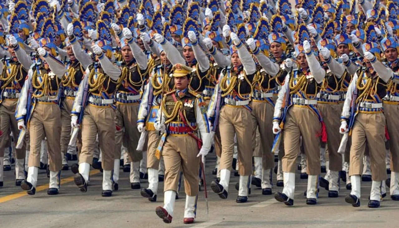 Women personnel in a marching contingent of the Central Reserve Police Force (CRPF) during the 75th Republic Day celebrations at the Kartavya Path in New Delhi