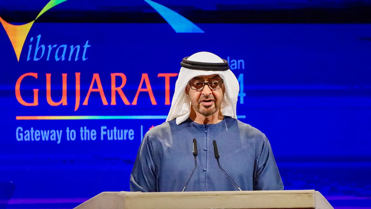 UAE President Mohamed bin Zayed Al Nahyan speaks during the Vibrant Gujarat Global Summit 2024, at Mahatma Mandir in Gandhinagar, Wednesday, Jan. 10, 2024.