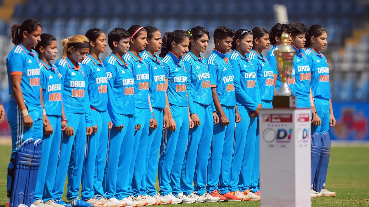 Indian players stand for the national anthem at the start of the ODI cricket match between India and Australia