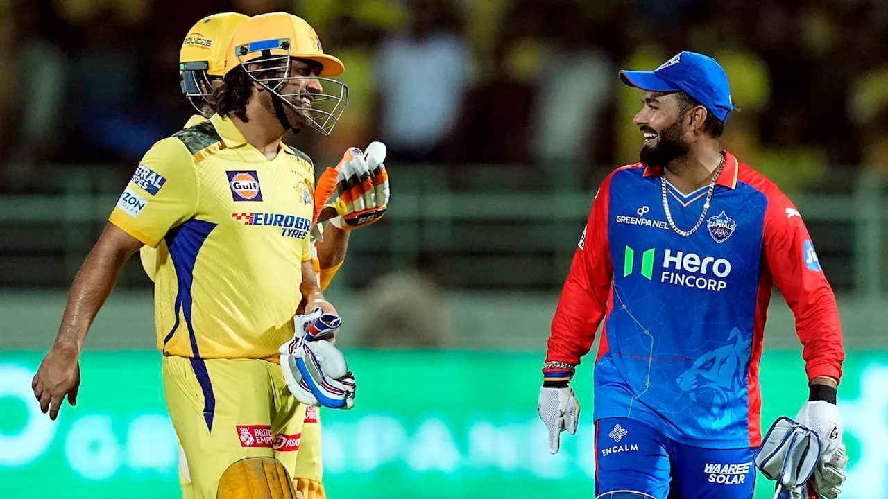 Mahendra Singh Dhoni and Rishabh Pant during a match between Delhi Capitals and CSK in Visakhapatnam on March 31, 2024.