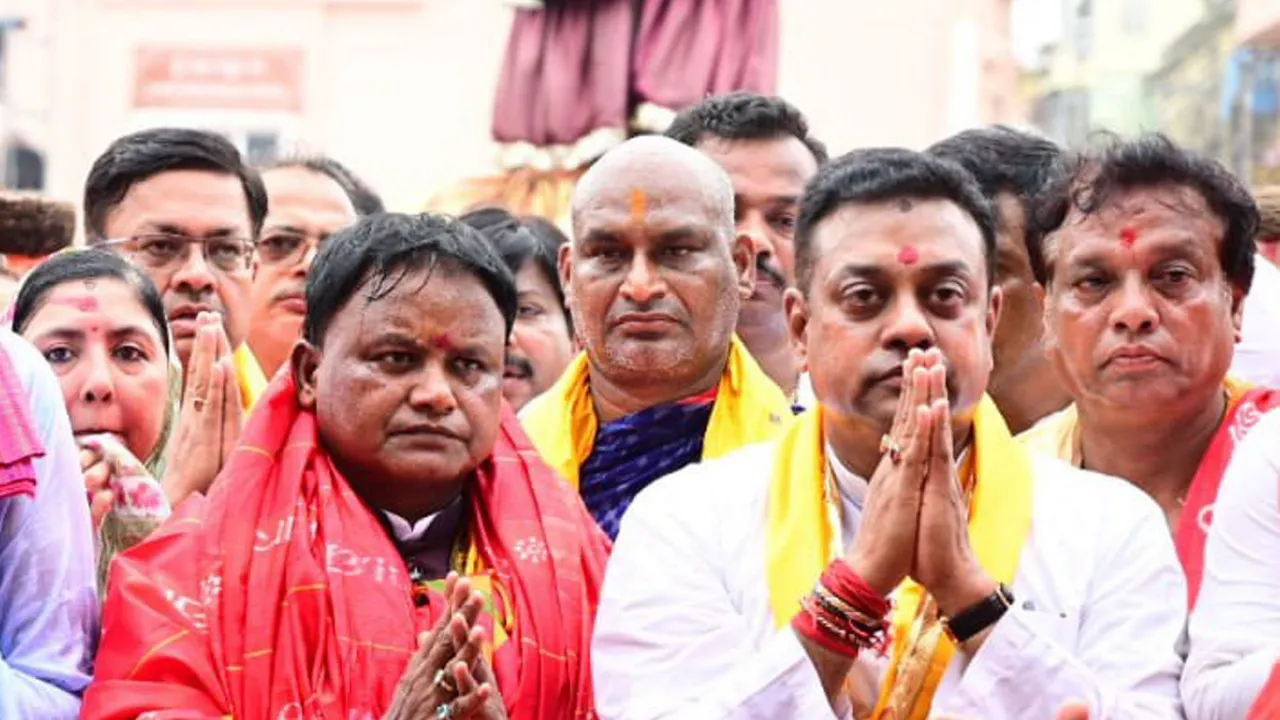 Odisha Chief Minister Mohan Charan Majhi with BJP leader Sambit Patra and others visits Jagannath Temple, in Puri.