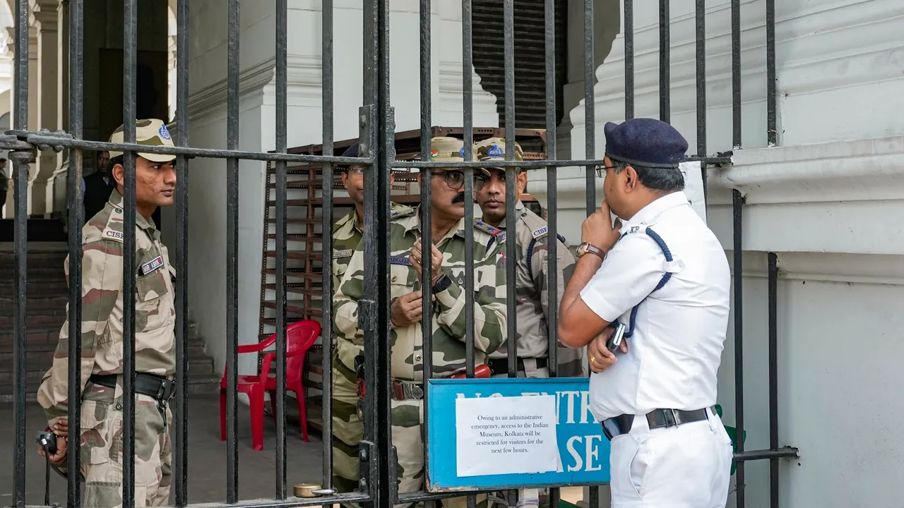 Security personnel at the Indian Museum following a bomb threat, in Kolkata