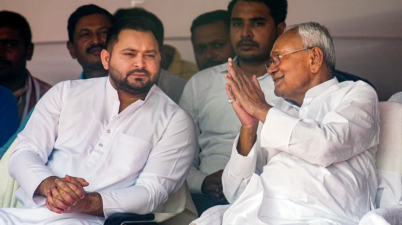 In this Monday, Sept. 18, 2023 file photo, then Bihar chief minister Nitish Kumar with his deputy Tejashwi Yadav, in Patna