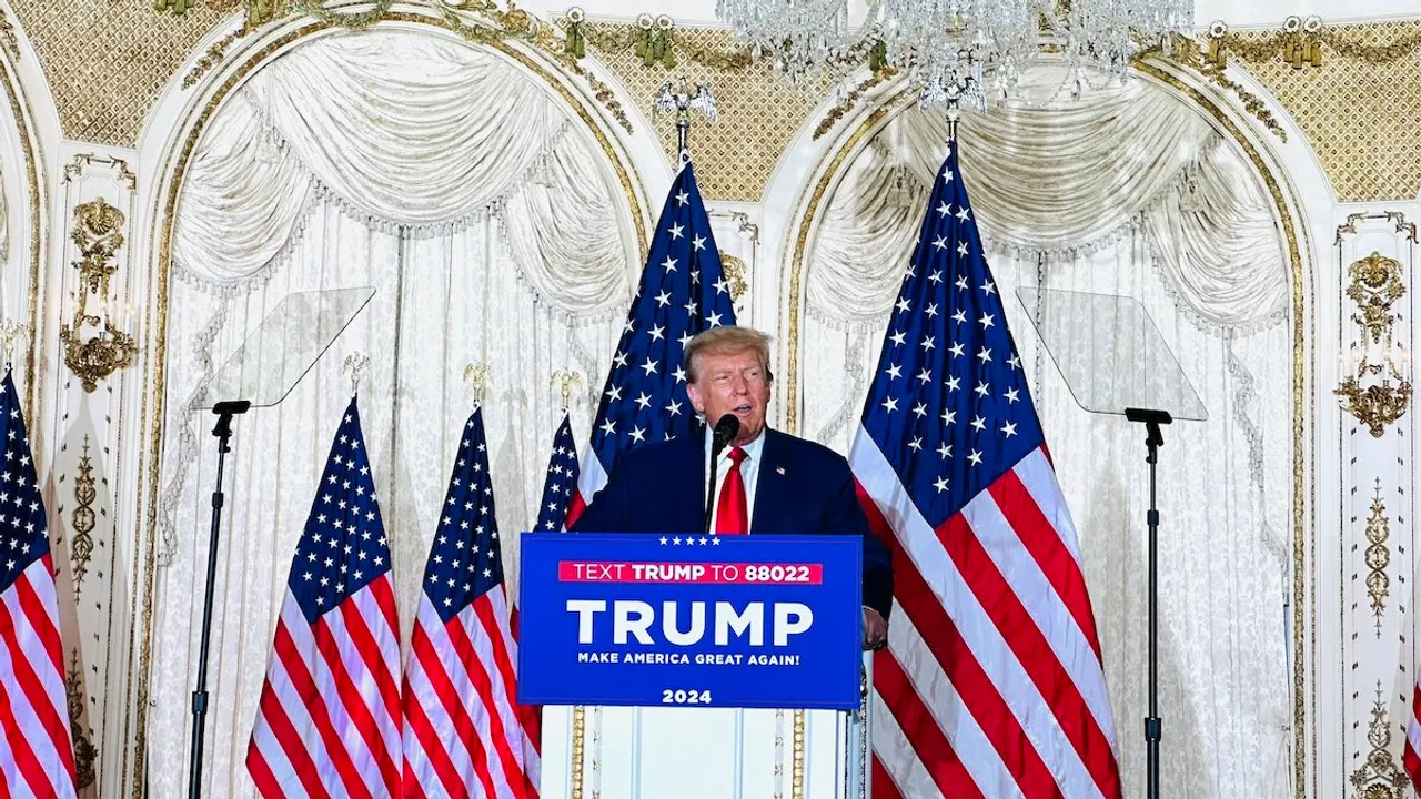 Donald Trump delivering a speech at his Mar-a-Lago resort