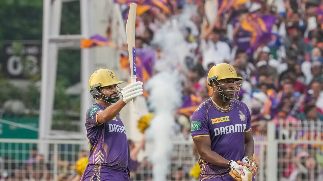Kolkata Knight Riders batter Shreyas Iyer celebrates his fifty as Andre Russell looks on during an Indian Premier League (IPL) T20 cricket match