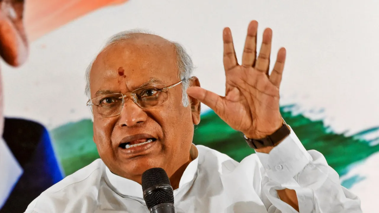 Congress President Mallikarjun Kharge addresses the media, in Hyderabad, Friday, May 10, 2024