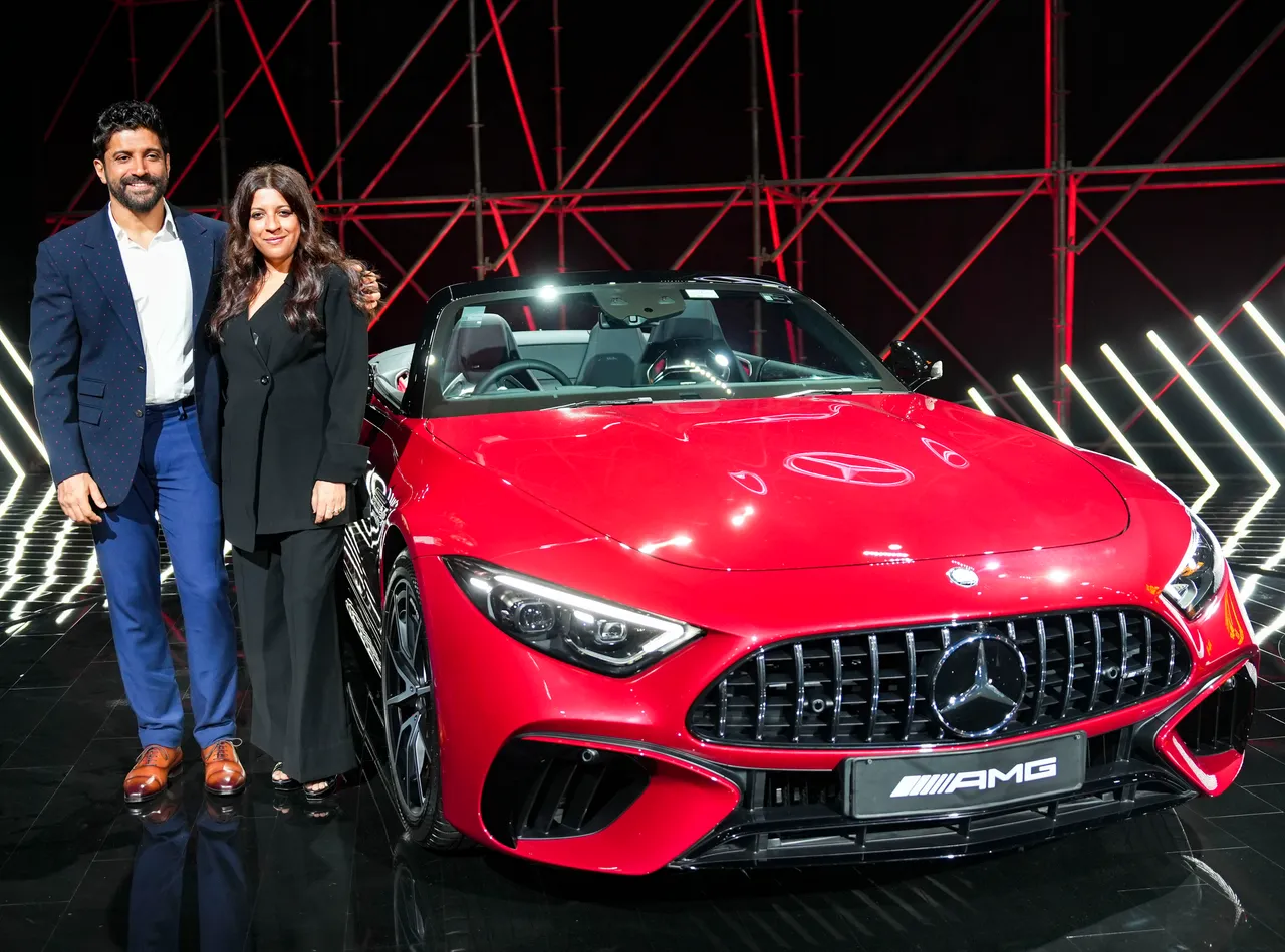 Bollywood actor Farhan Akhtar and film director Zoya Akhtar during the launch of the new Mercedes-AMG SL 55 Roadster, in Mumbai