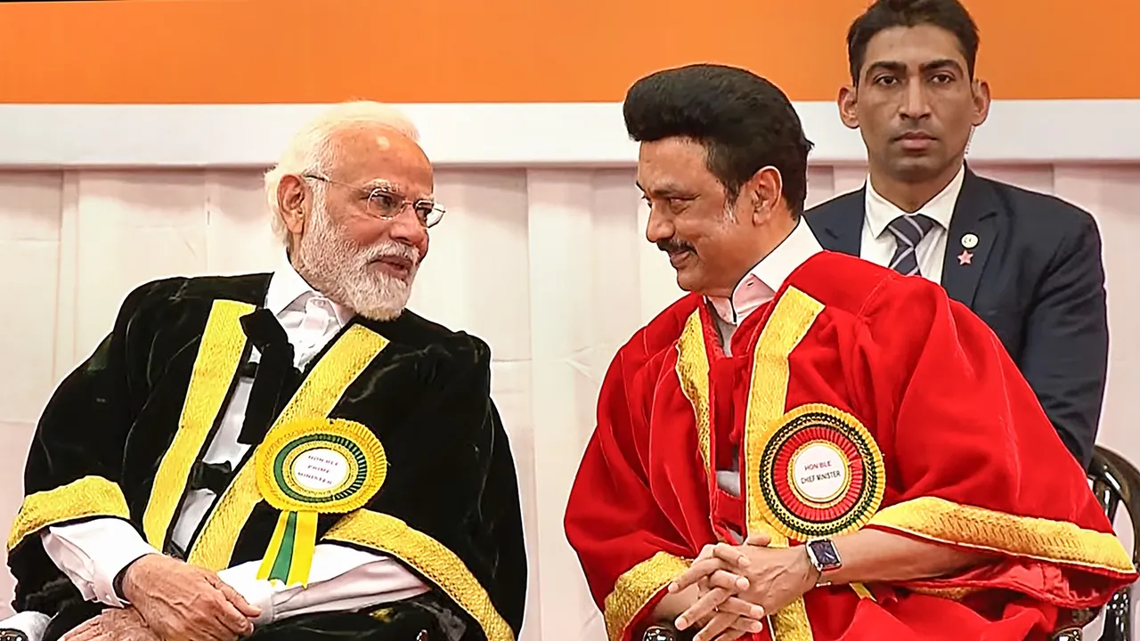 Prime Minister Narendra Modi with Tamil Nadu Chief Minister MK Stalin during the Convocation ceremony of Bharathidasan University, in Tiruchirappalli