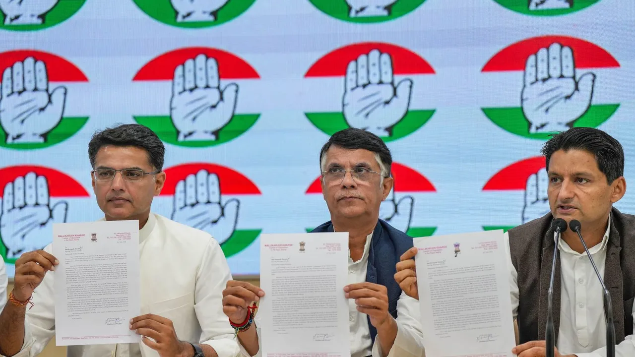 Congress leaders Sachin Pilot, Pawan Khera and Deepender Singh Hooda during a press conference, at AICC headquarters, in New Delhi