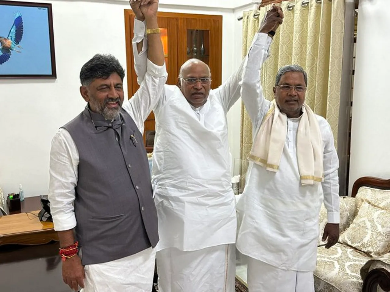 Congress President Mallikarjun Kharge with senior party leaders Siddaramaiah and DK Shivakumar during a meeting, in New Delhi