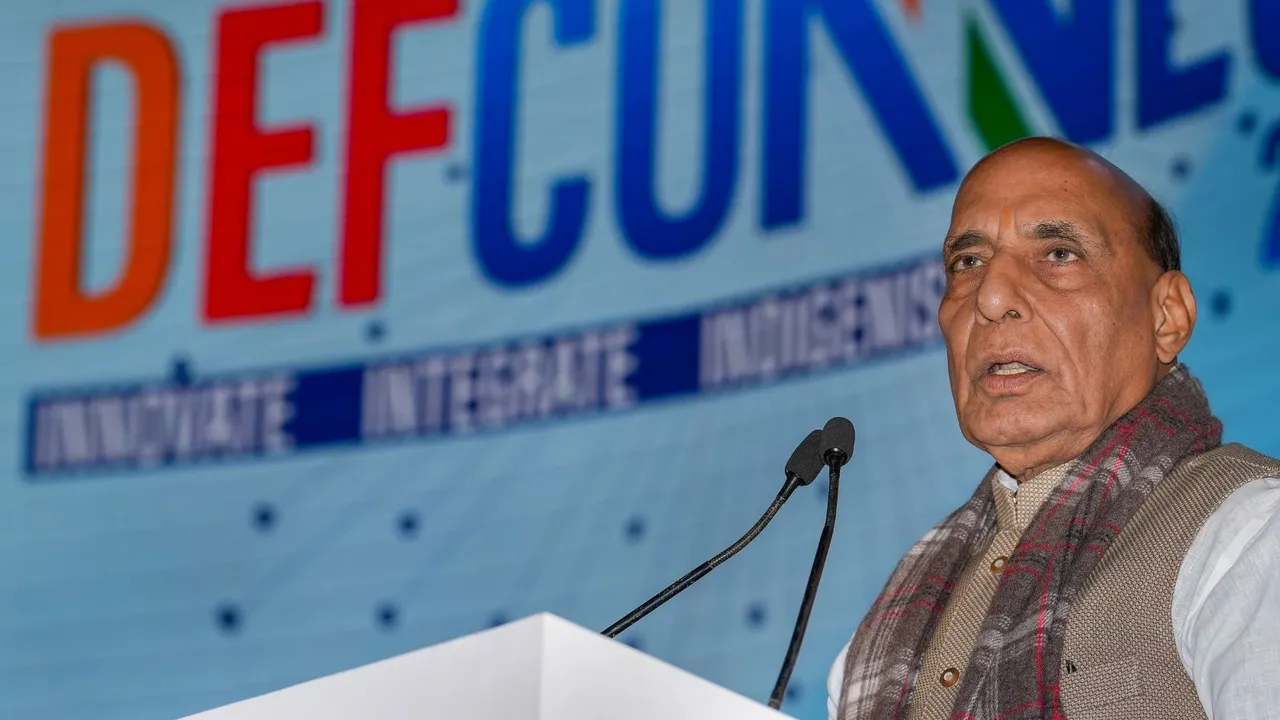 Union Defence Minister Rajnath Singh speaks at the DefConnect 2024 event, organised by Innovations for Defence Excellence-Defence Innovation Organisation (iDEX-DIO), at Manekshaw Centre, in New Delhi