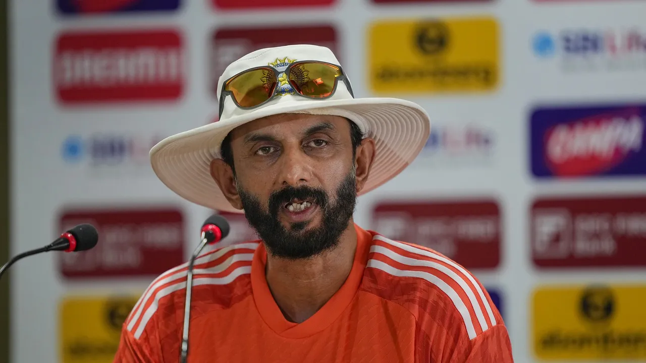 India’s batting coach Vikram Rathour addresses a press conference ahead of the fourth Test cricket match between India and England, at the JSCA International Stadium Complex, in Ranchi
