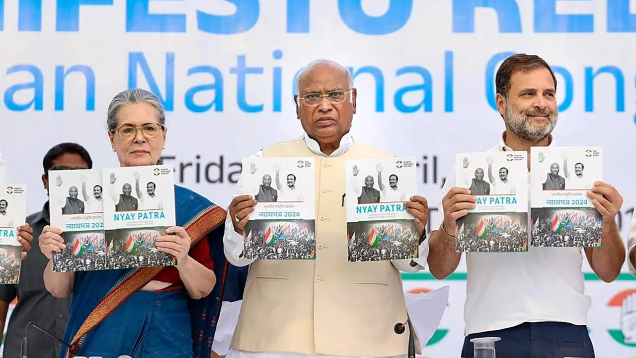 Congress President Mallikarjun Kharge with senior party leaders Sonia Gandhi and Rahul Gandhi releases the party's manifesto ahead of Lok Sabha elections, in New Delhi, Friday, April 5, 2024