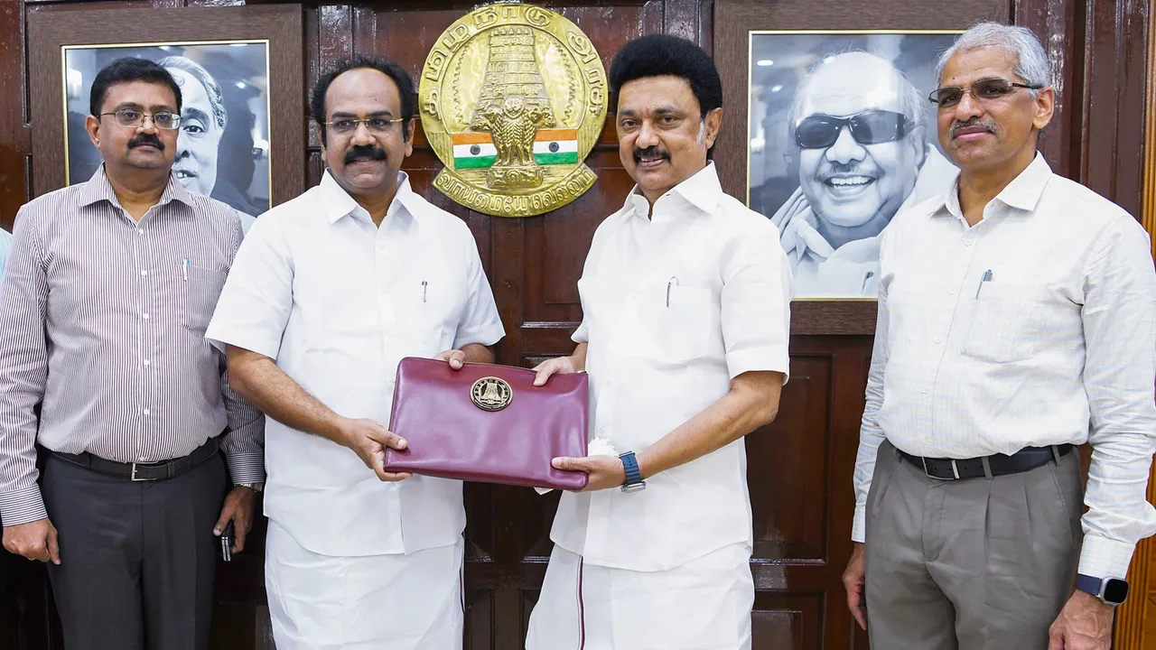 Tamil Nadu Chief Minister M K Stalin with Finance Minister Thangam Thennarasu ahead of presentation of the State Budget 2024-25 in the Assembly, in Chennai