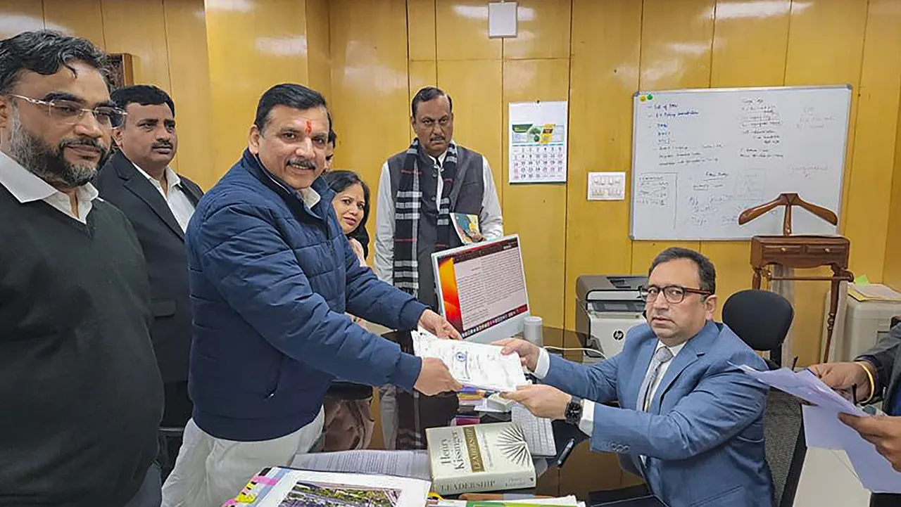 AAP leader Sanjay Singh files his nomination papers for the upcoming Rajya Sabha elections, in New Delhi