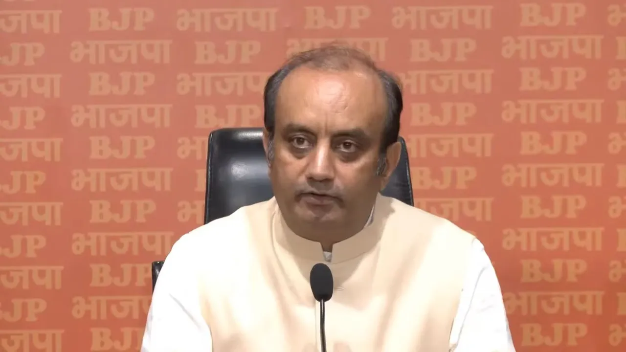 BJP spokesperson Sudhanshu Trivedi arresses a press conference at the party HQ, in New Delhi