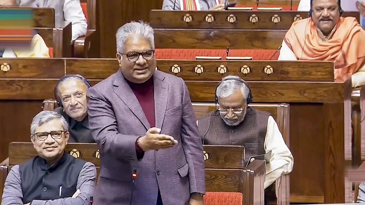 Union Minister Bhupender Yadav speaks in the Rajya Sabha during the Winter session of Parliament