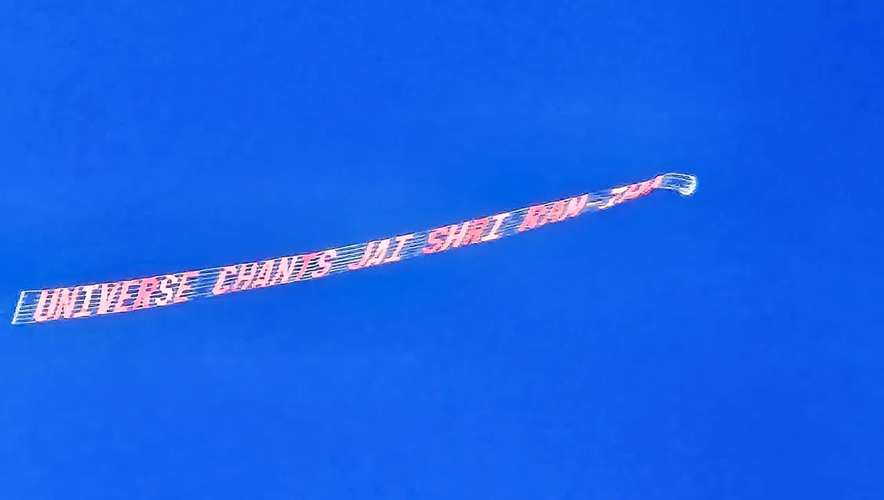 An aerial banner reads ‘Universe Chants Jai Shree Ram’ crosses Houston skies through a plane during a celebration of the consecration ceremony of Ayodhya’s Ram Mandir.