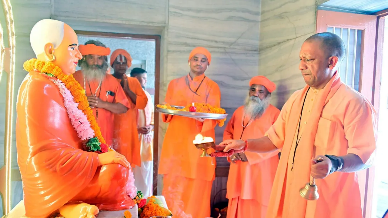 Uttar Pradesh Chief Minister Yogi Adityanath performs 'puja' at Gorakhnath Temple on the occasion of Guru Purnima, in Gorakhpur, Sunday, July 21, 2024.