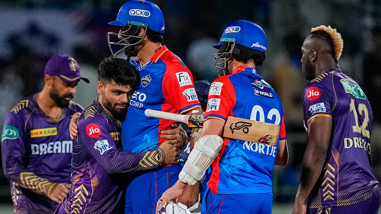 Rinku Singh with others being congratulated by Delhi Capitals' Ishant Sharma and Anrich Nortje after winning at Dr. Y.S. Rajasekhara Reddy ACA-VDCA Cricket Stadium in Visakhapatnam on April 3, 2024.