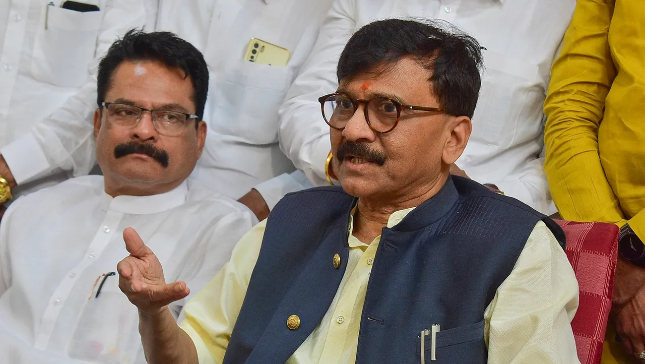 Shiv Sena (UBT) leader and MP Sanjay Raut addresses the media after a party meeting, in Solapur