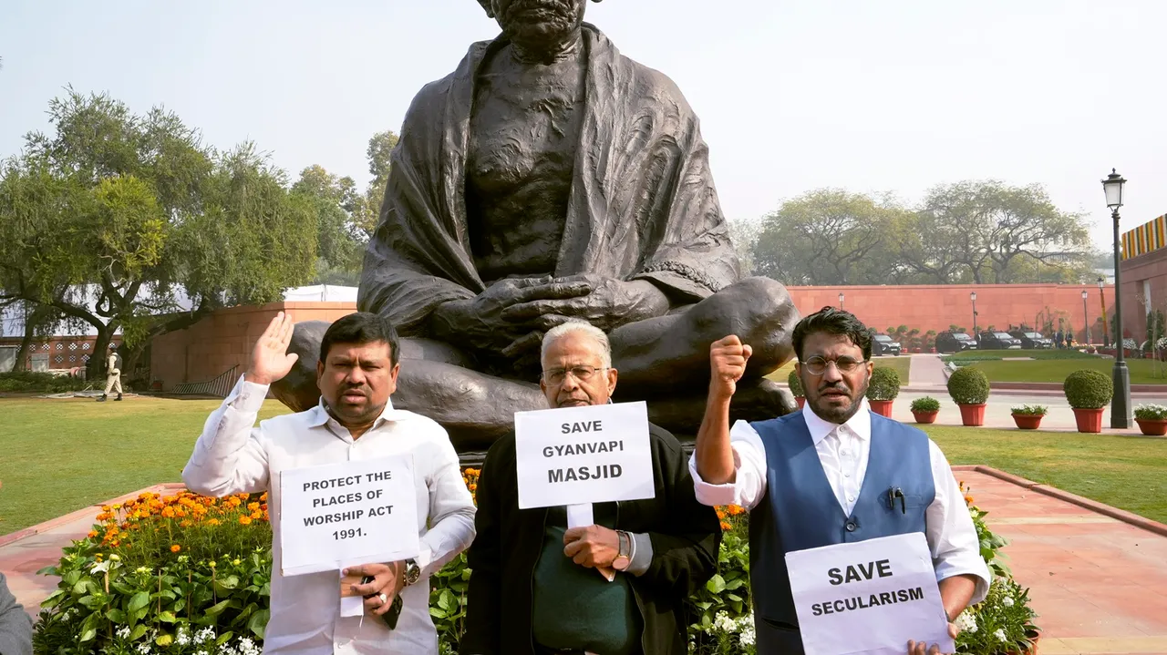 IUML (Indian Union Muslim League) MPs protest at the Gandhi statue during the Budget session of Parliament