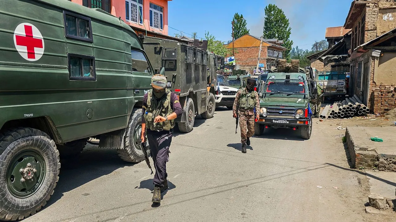 Security forces personnel during an encounter with militants at Redwani Payeen area of Kulgam, Tuesday, May 7, 2024