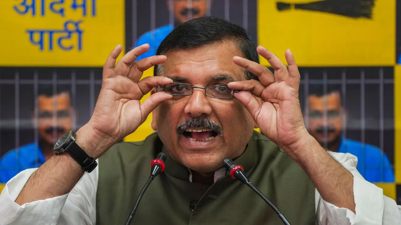 AAP MP Sanjay Singh addresses a press conference at the party office, in New Delhi, Monday, April 8, 2024