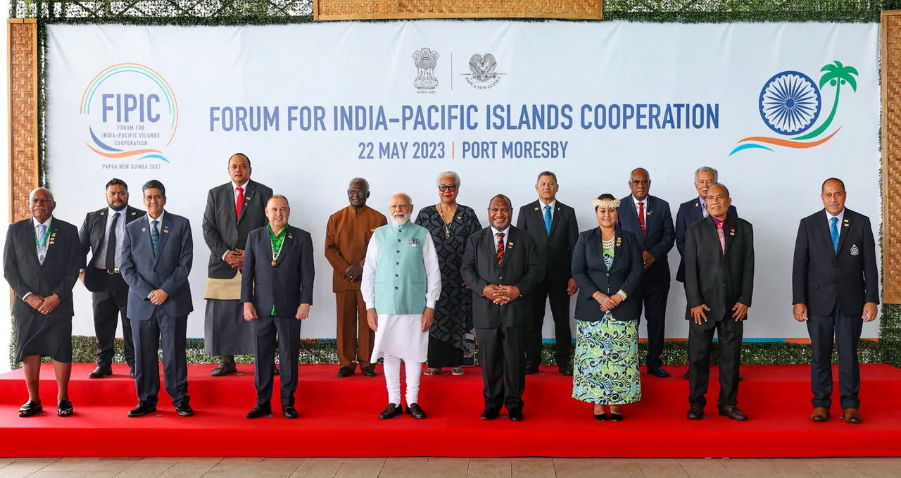 Prime Minister Narendra Modi poses with leaders of the Forum for India-Pacific Islands Cooperation (FIPIC) in Port Moresby, Papua New Guinea