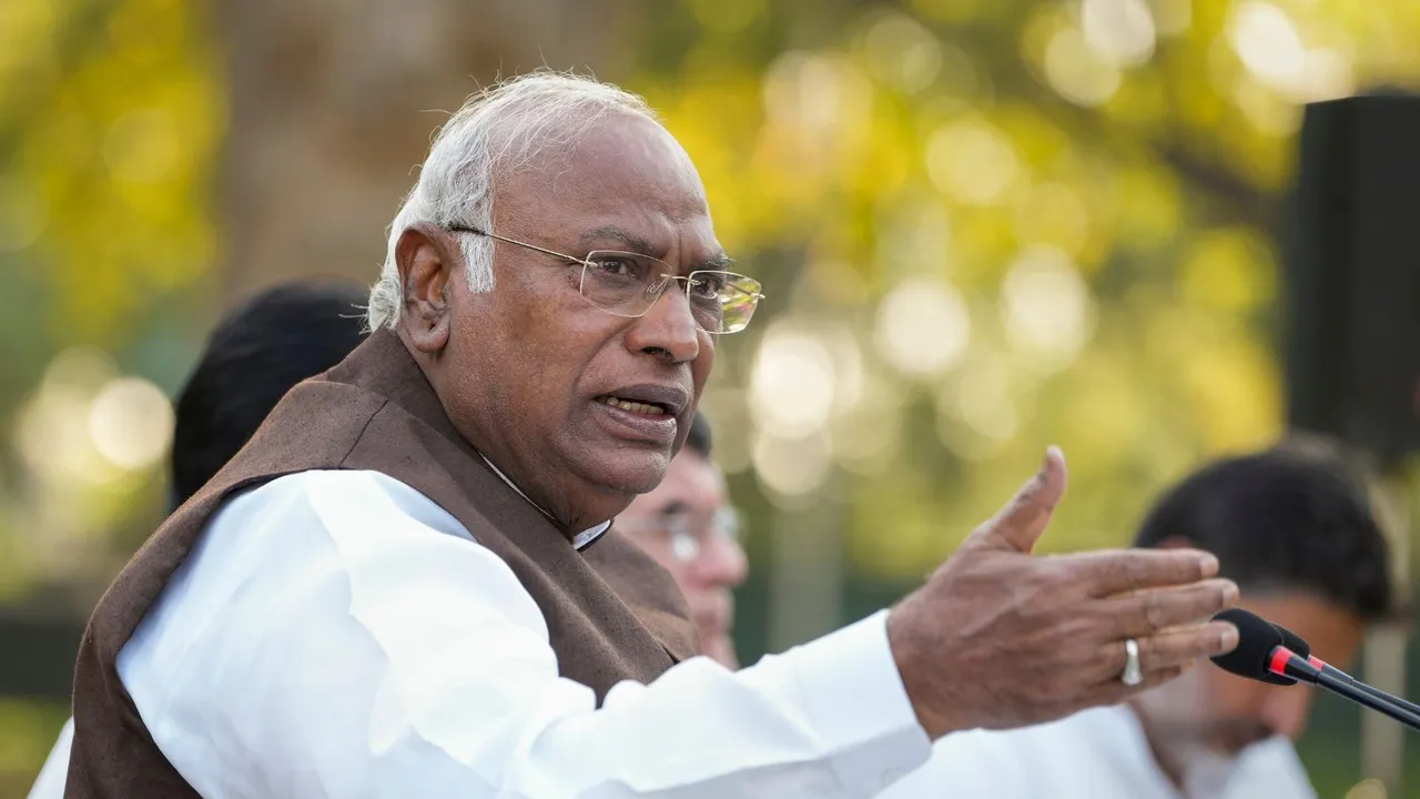 Congress President Mallikarjun Kharge addresses a press conference at his residence, in New Delhi