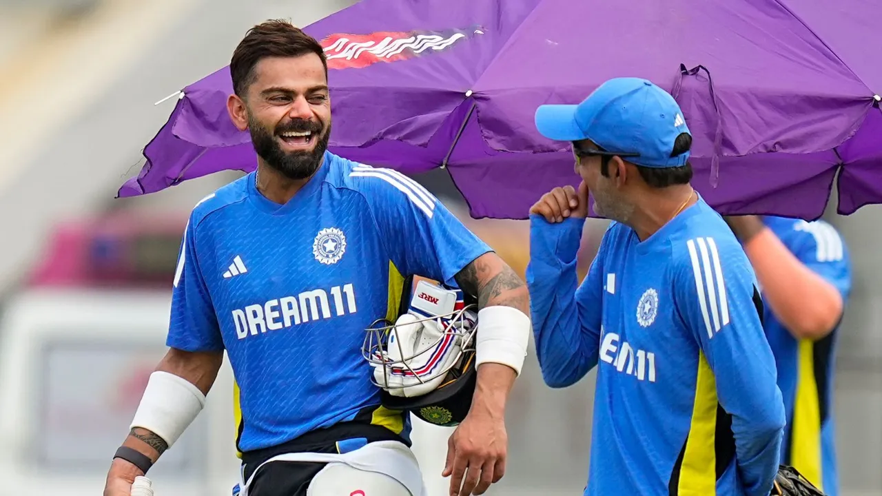 India's Virat Kohli with coach Gautam Gambhir during a practice session ahead of the first test cricket match between India and Bangladesh, at M. A. Chidambaram Stadium, in Chennai, Tuesday, Sept. 17, 2024.