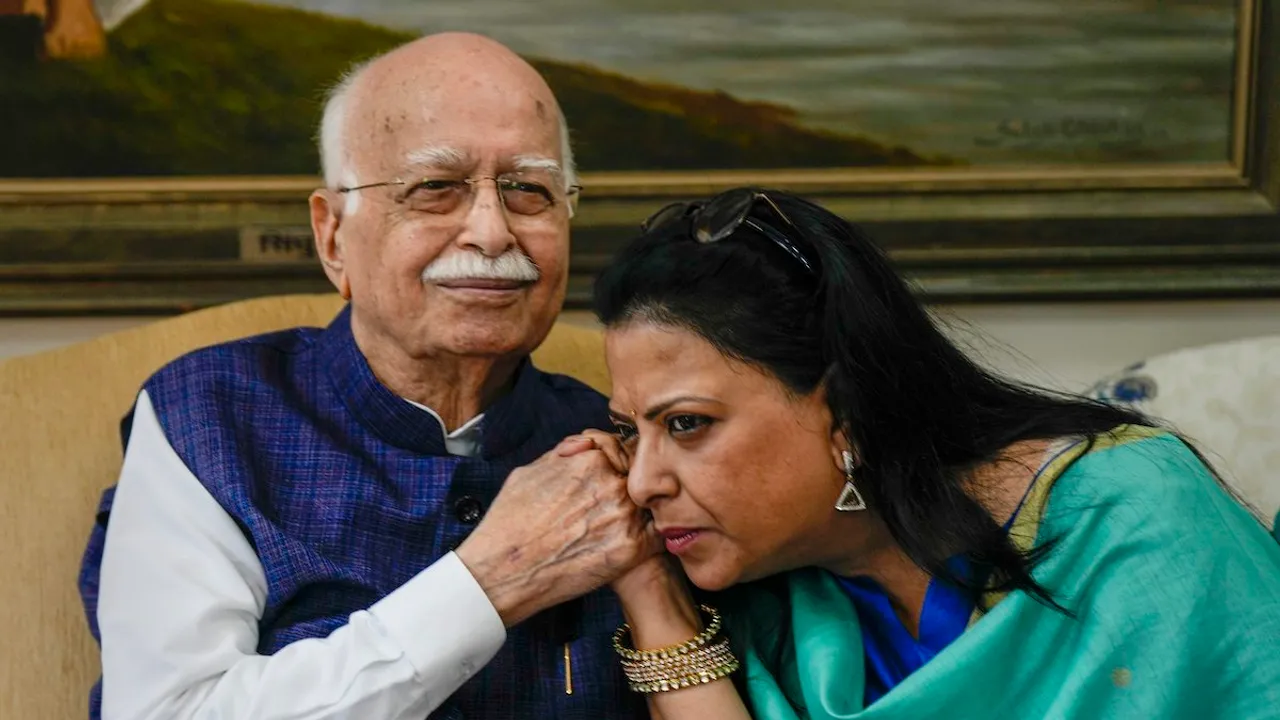 In this Tuesday, Nov. 8, 2022 file photo, senior BJP leader LK Advani with daughter Pratibha during his 95th birthday celebrations, in New Delhi