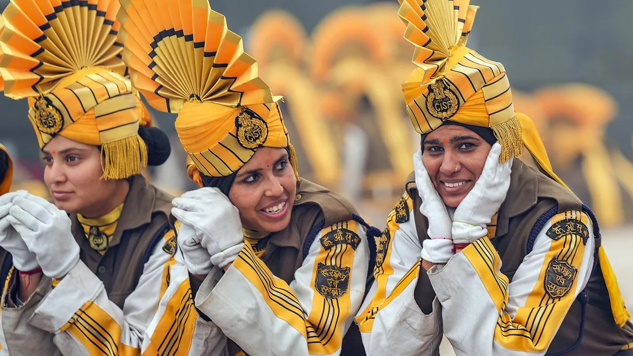 Women personnel of Central Industrial Security Force (CISF) during rehearsal for the Republic Day Parade 2024, in New Delhi