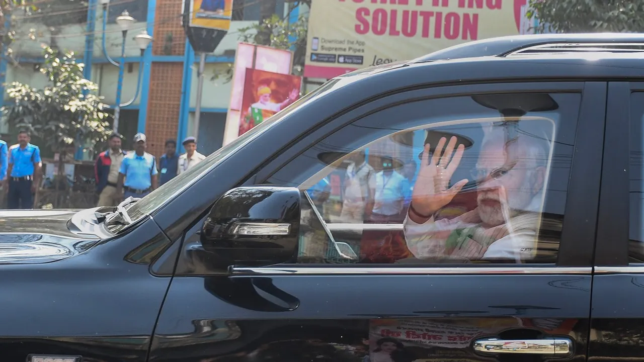 Prime Minister Narendra Modi arrives for a rally in Krishnanagar, Nadia, Saturday, March 2, 2024