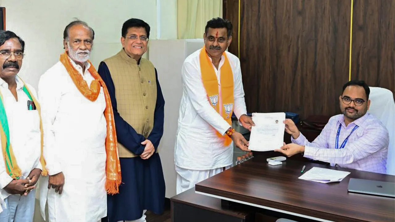 Chevella BJP candidate Konda Vishweshwar Reddy files his nomination papers for Lok Sabha polls in presence of Union Minister Piyush Goyal and K Laxman, in Hyderabad, Monday, April 22, 2024