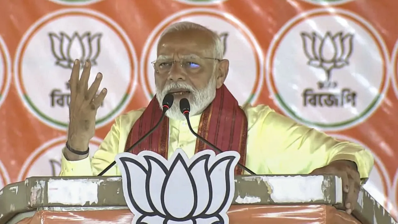 Prime Minister Narendra Modi addresses during a public meeting for Lok Sabha elections, in Barrackpore, West Bengal, Sunday, May 12, 2024