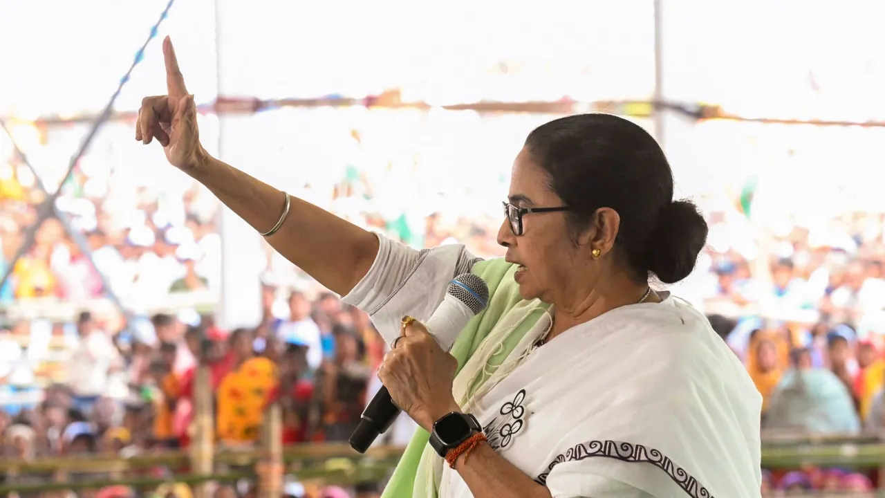 West Bengal Chief Minister and TMC chief Mamata Banerjee at a public meeting ahead of the second phase of Lok Sabha elections, in South Dinajpur district, Sunday, April 21, 2024