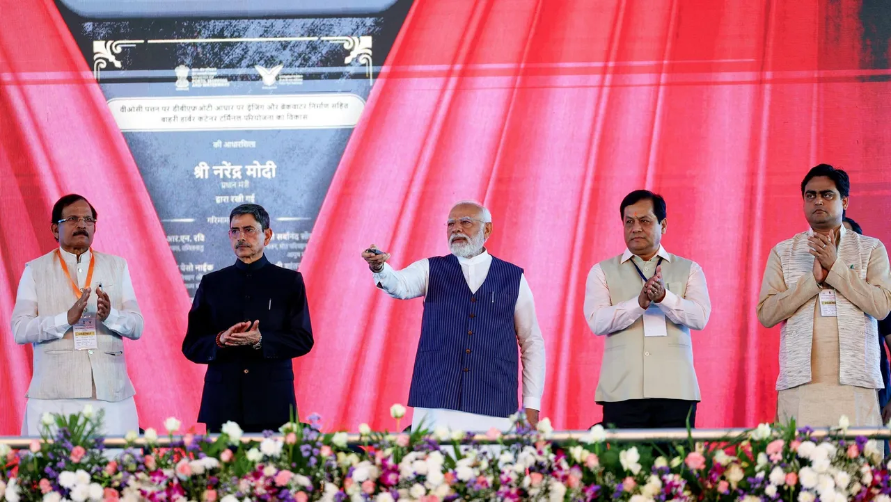 Prime Minister Narendra Modi with Tamil Nadu Governor R.N. Ravi and Union Minister Sarbananda Sonowal during the inauguration and foundation stone laying ceremony of various developmental projects, in Thoothukudi, Wednesday, Feb. 28, 2024