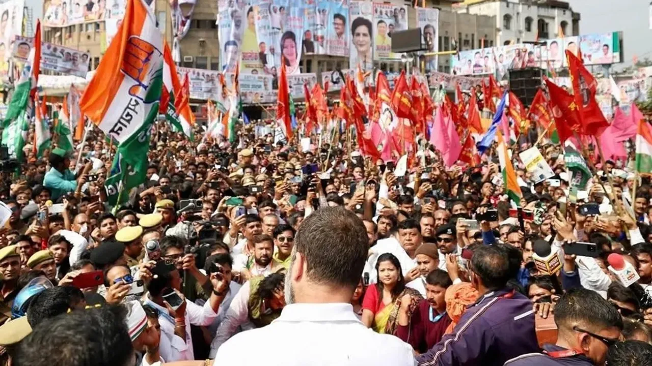Congress leader Rahul Gandhi with supporters during ‘Bharat Jodo Nyay Yatra’, in Kanpur,Tuesday, Feb 21, 2024