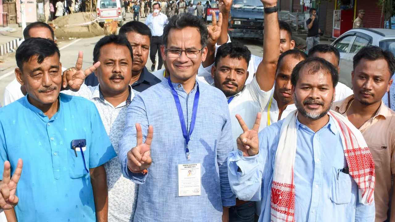 Congress leader and candidate from Jorhat constituency Gaurav Gogoi and Sivasagar MLA Akhil Gogoi show victory sign outside a counting hall after winning the Lok Sabha elections, in Sivasagar, Tuesday, June 4, 2024