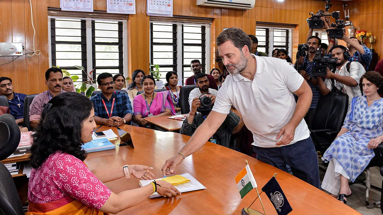 Congress candidate Rahul Gandhi files his nomination papers for the upcoming Lok Sabha elections, in Wayanad district, Wednesday, April 3, 2024