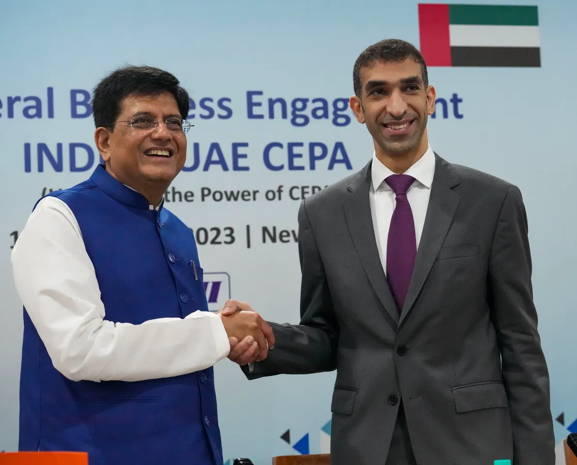 Union Commerce and Industry Minister Piyush Goyal and UAE Foreign Trade Minister Thani bin Ahmed Al Zeyoudi during their joint press conference at Vigyan Bhawan, in New Delhi