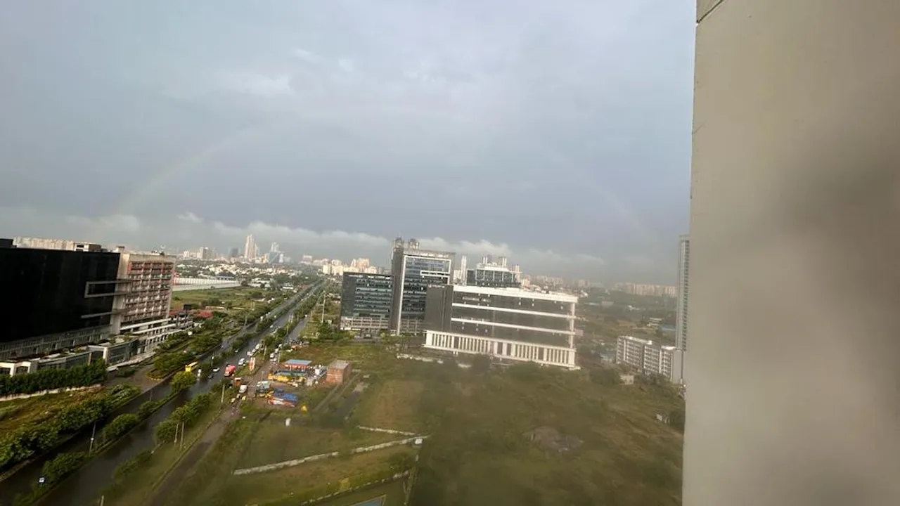 Rainbow appears during after rains in Gurugram on Saturday